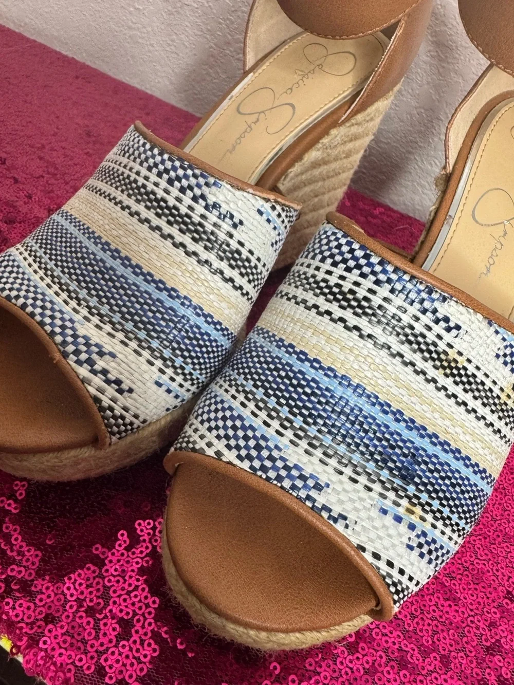 JESSICA SIMPSON 🩵 Tan & Blue Woven Espadrille Wedge Sandals (Women’s Size 7)